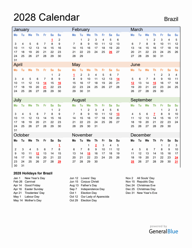 Calendar 2028 with Brazil Holidays