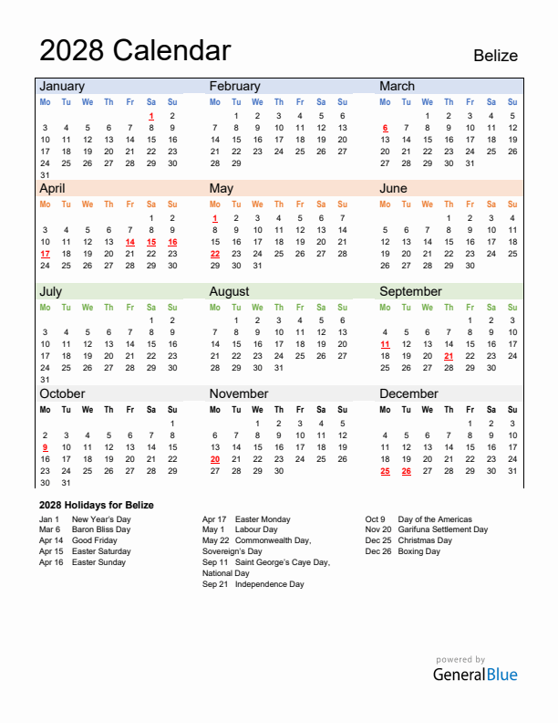 Calendar 2028 with Belize Holidays