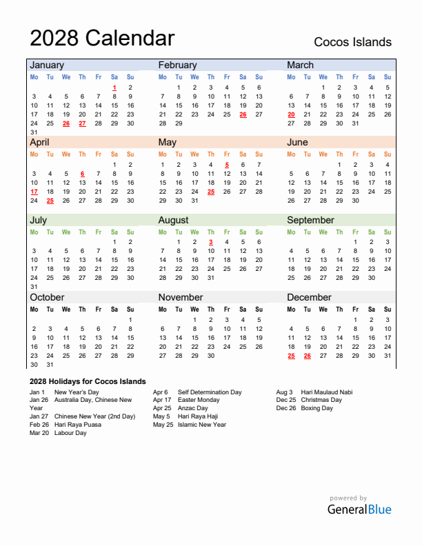 Calendar 2028 with Cocos Islands Holidays