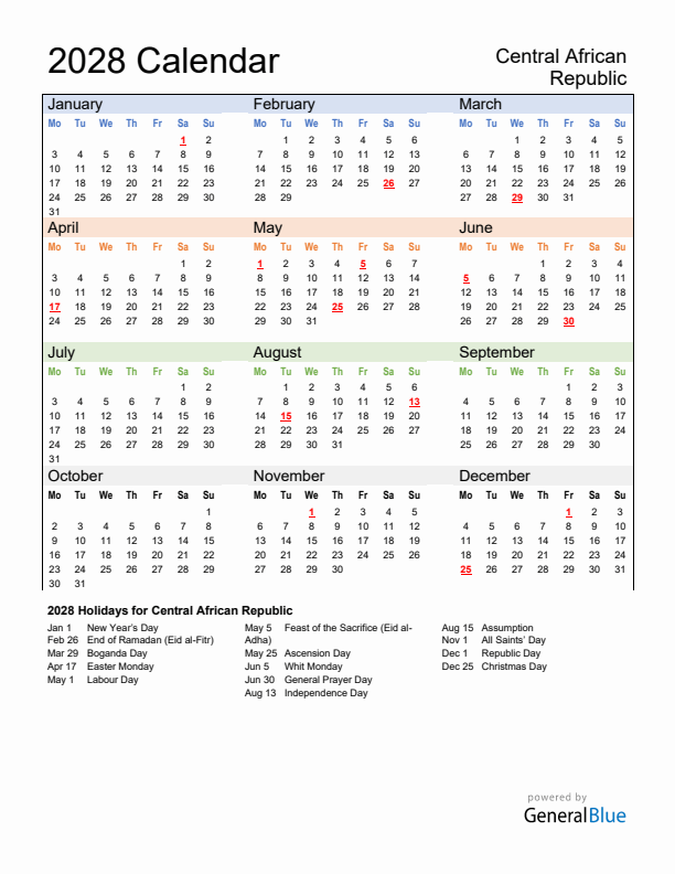 Calendar 2028 with Central African Republic Holidays