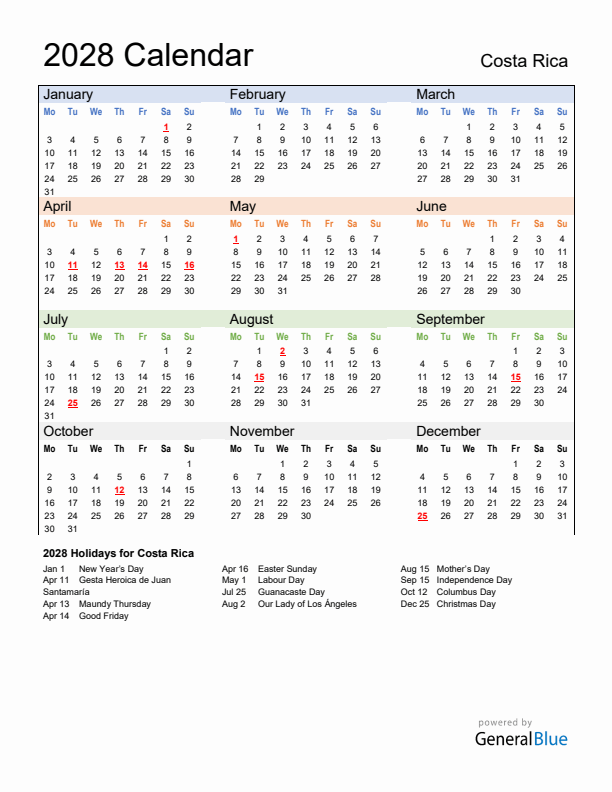 Calendar 2028 with Costa Rica Holidays