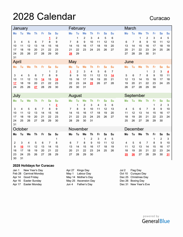 Calendar 2028 with Curacao Holidays