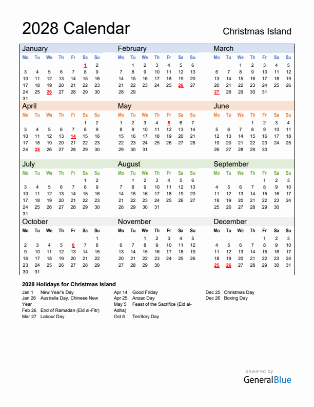 Calendar 2028 with Christmas Island Holidays