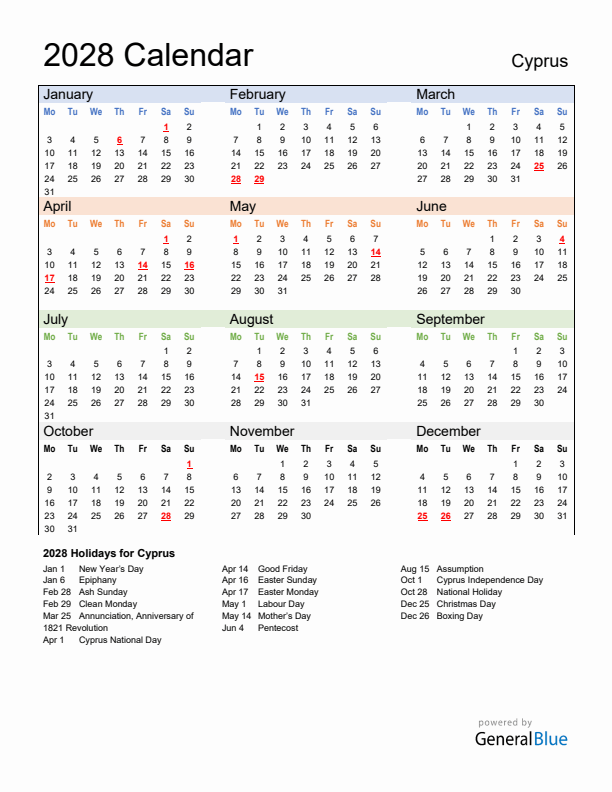 Calendar 2028 with Cyprus Holidays