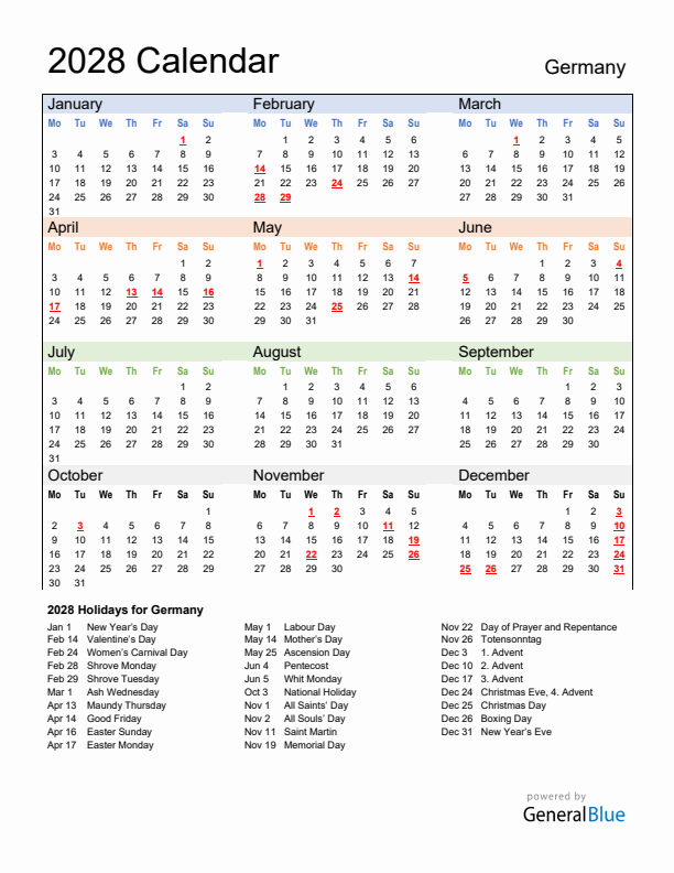 Calendar 2028 with Germany Holidays