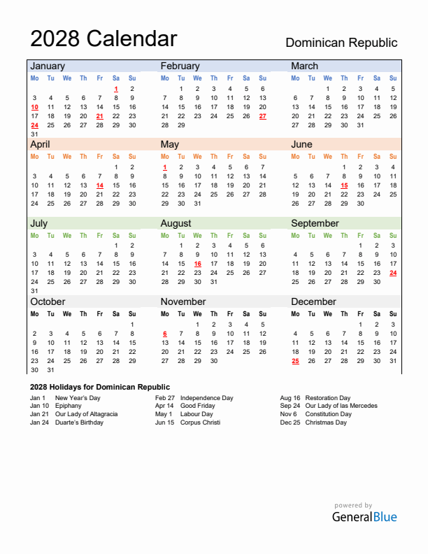 Calendar 2028 with Dominican Republic Holidays