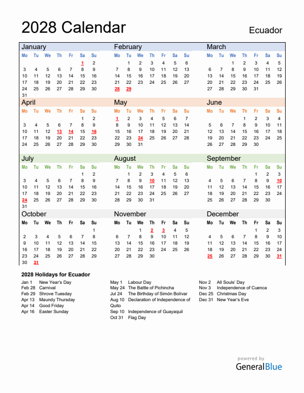 Calendar 2028 with Ecuador Holidays