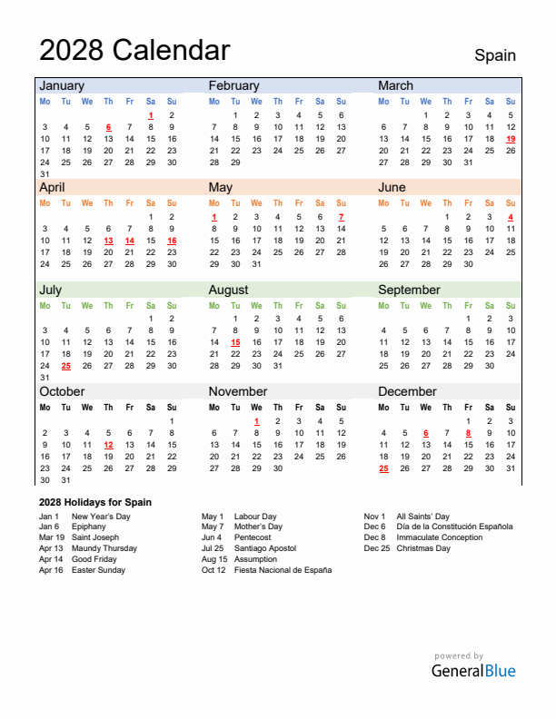 Calendar 2028 with Spain Holidays