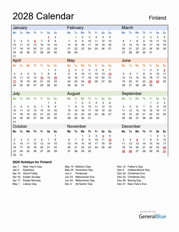Calendar 2028 with Finland Holidays