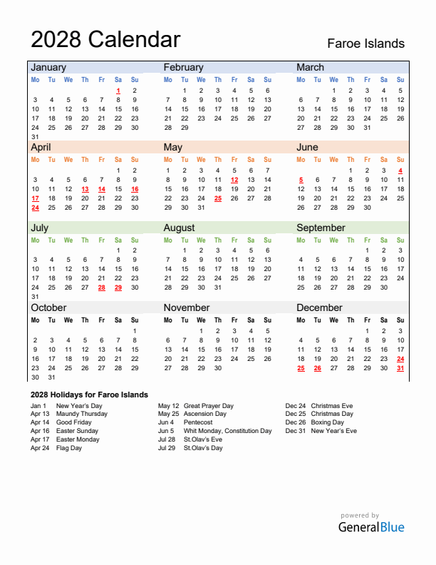 Calendar 2028 with Faroe Islands Holidays