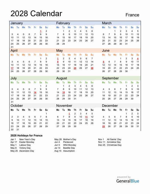 Calendar 2028 with France Holidays