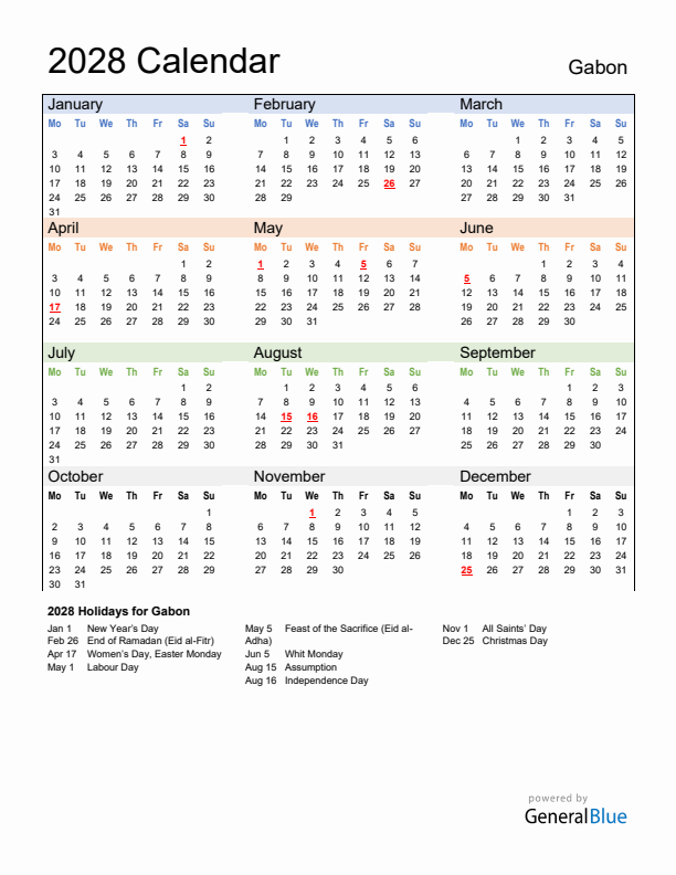 Calendar 2028 with Gabon Holidays