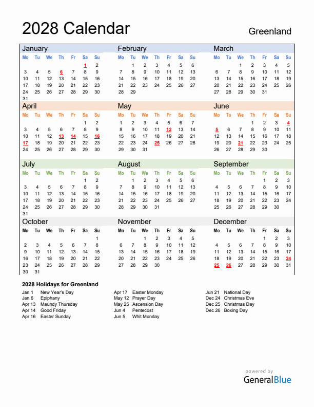 Calendar 2028 with Greenland Holidays