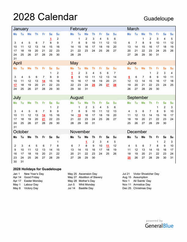 Calendar 2028 with Guadeloupe Holidays
