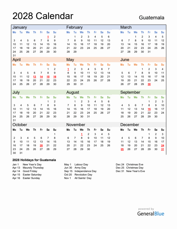 Calendar 2028 with Guatemala Holidays