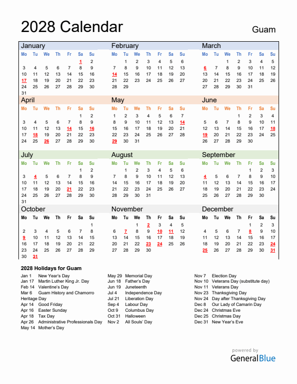 Calendar 2028 with Guam Holidays