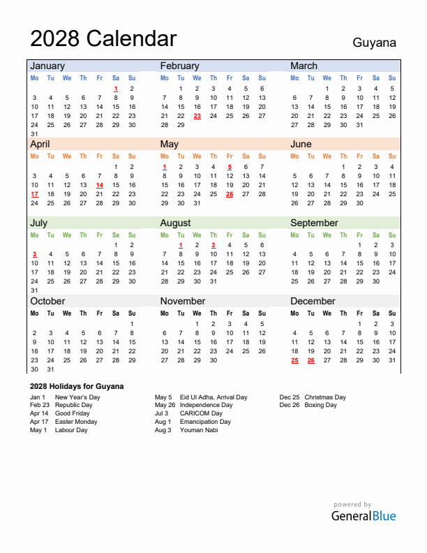 Calendar 2028 with Guyana Holidays