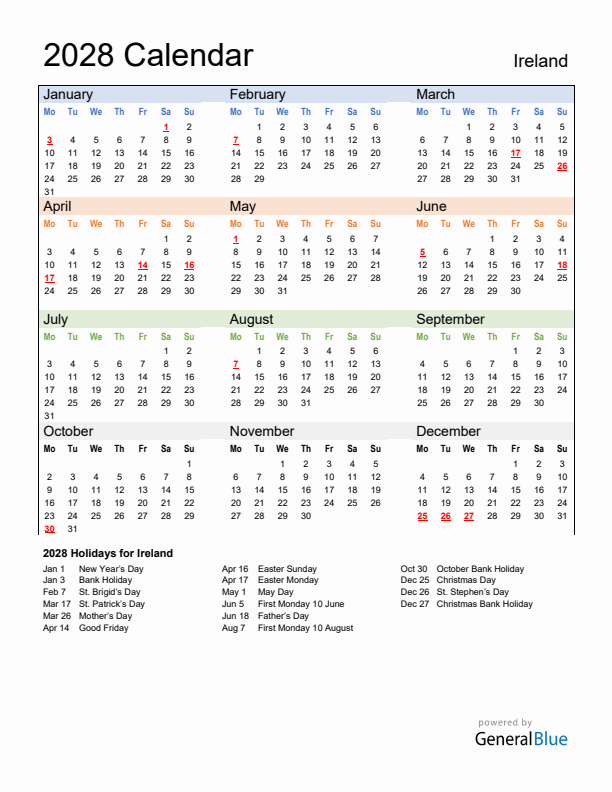 Calendar 2028 with Ireland Holidays