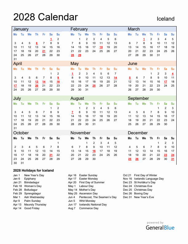 Calendar 2028 with Iceland Holidays