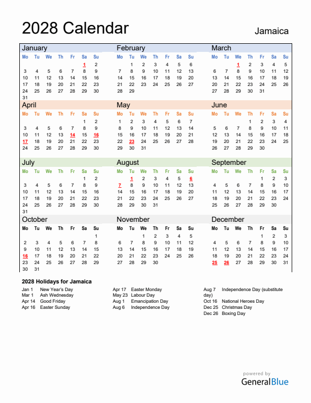 Calendar 2028 with Jamaica Holidays