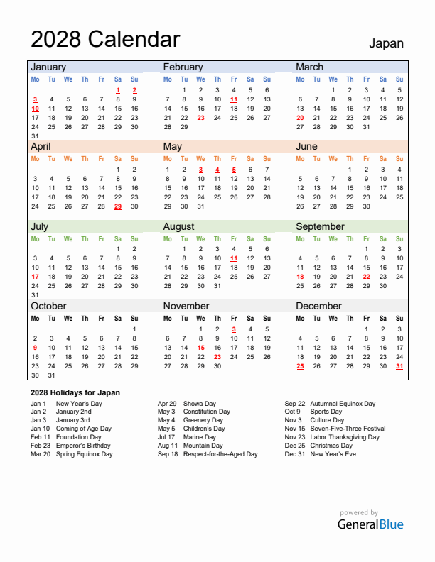 Calendar 2028 with Japan Holidays