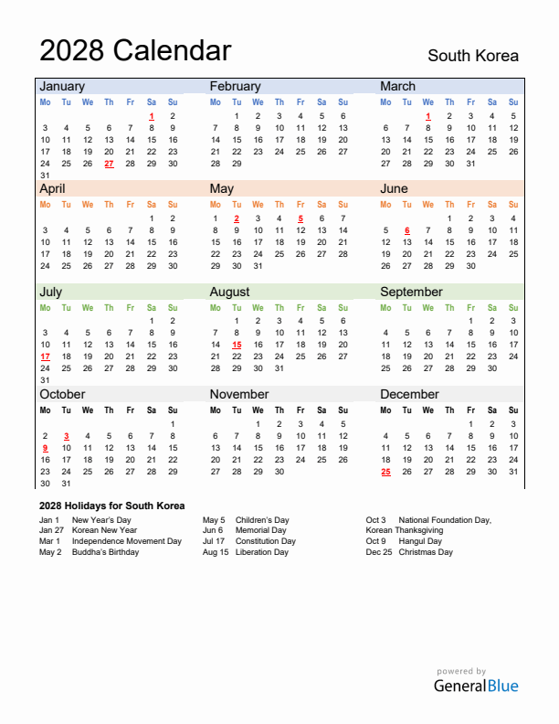 Calendar 2028 with South Korea Holidays