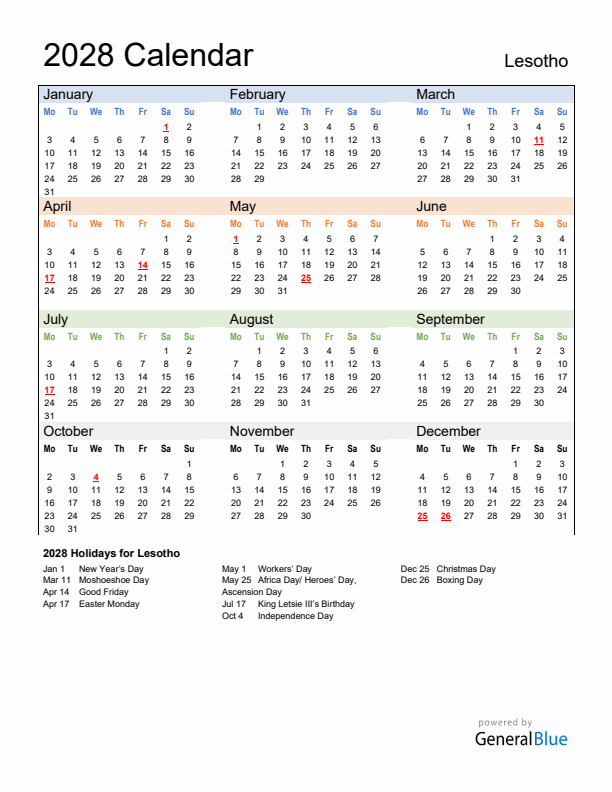 Calendar 2028 with Lesotho Holidays
