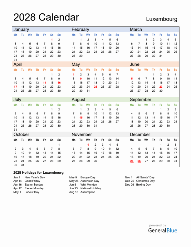 Calendar 2028 with Luxembourg Holidays