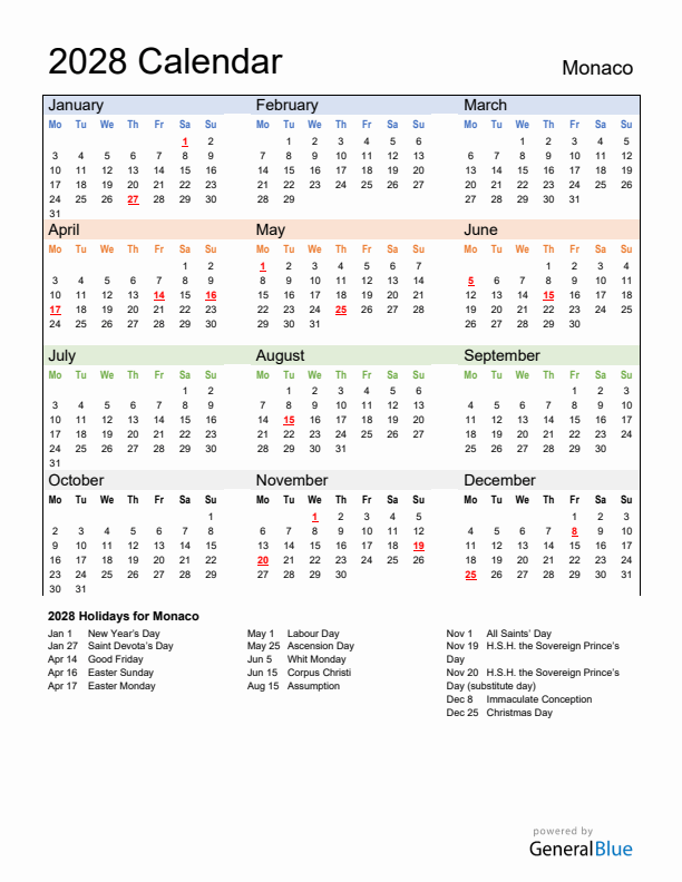Calendar 2028 with Monaco Holidays
