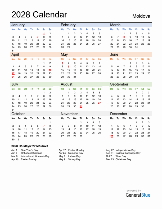 Calendar 2028 with Moldova Holidays