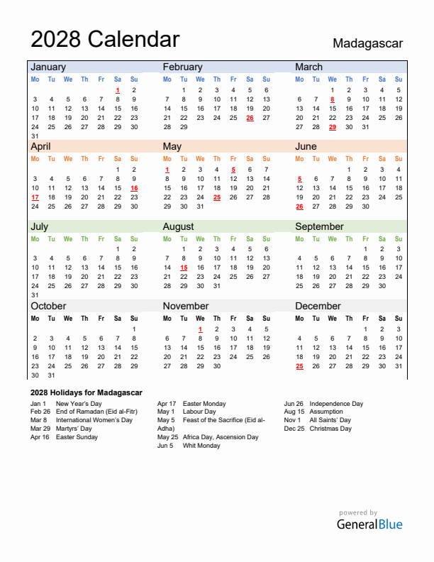Calendar 2028 with Madagascar Holidays