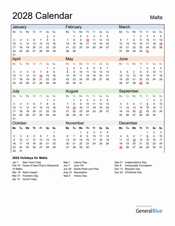 Calendar 2028 with Malta Holidays
