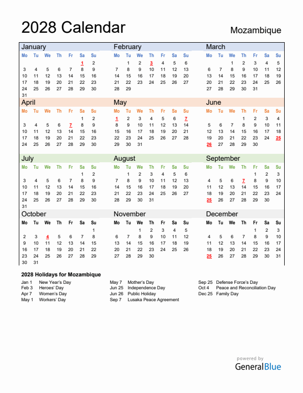 Calendar 2028 with Mozambique Holidays