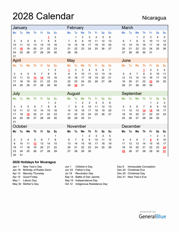 Calendar 2028 with Nicaragua Holidays