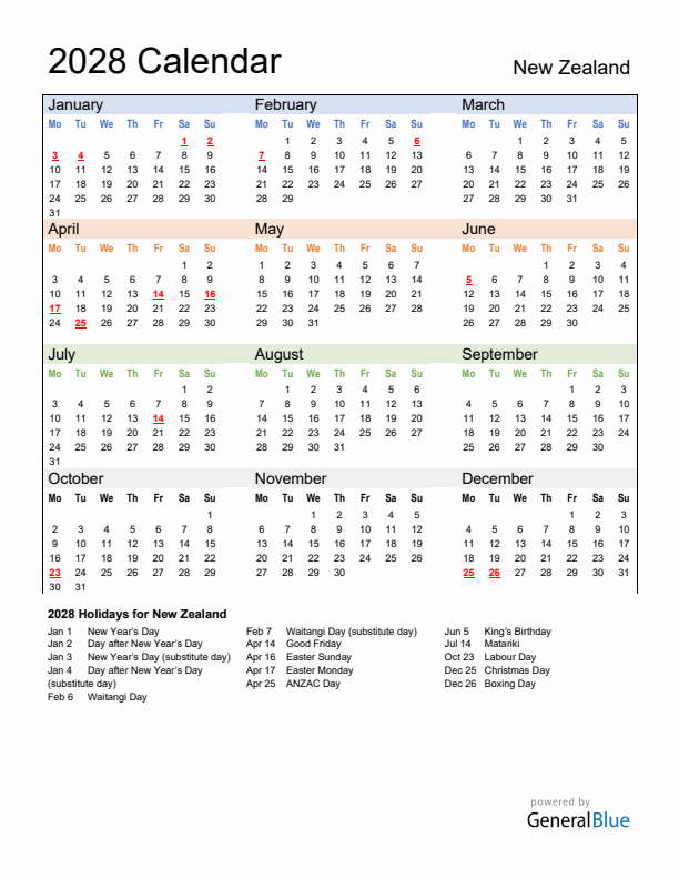 Calendar 2028 with New Zealand Holidays