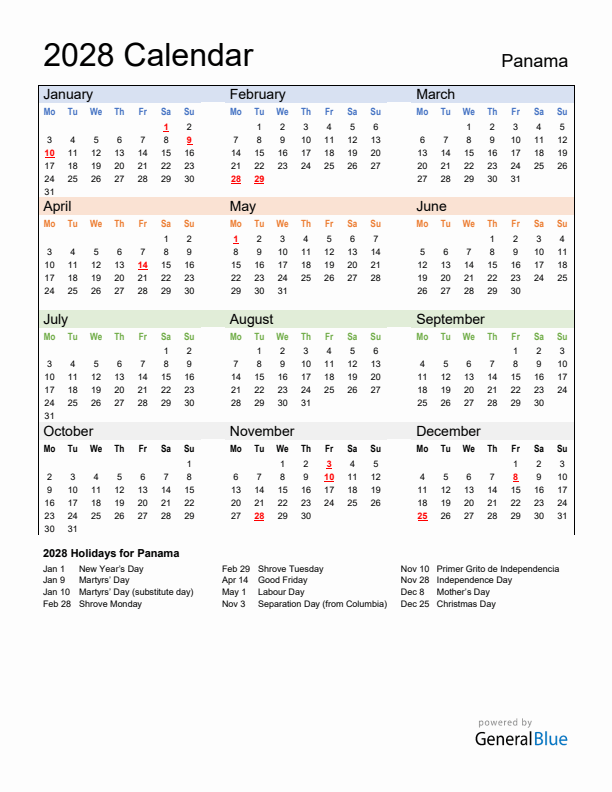 Calendar 2028 with Panama Holidays