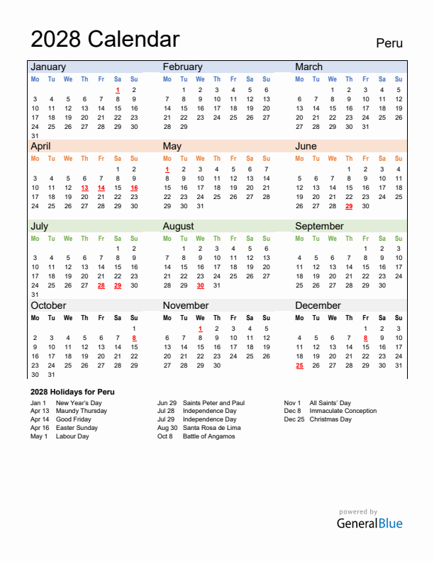 Calendar 2028 with Peru Holidays