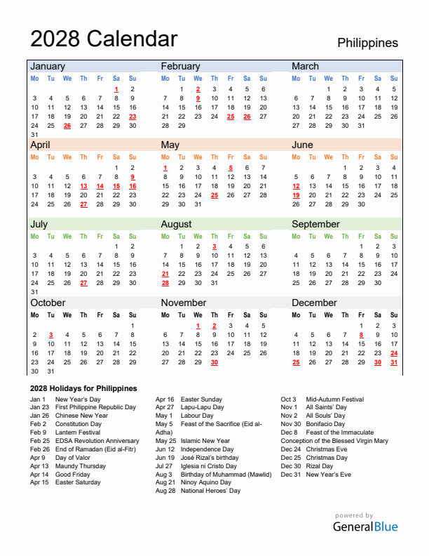 Calendar 2028 with Philippines Holidays