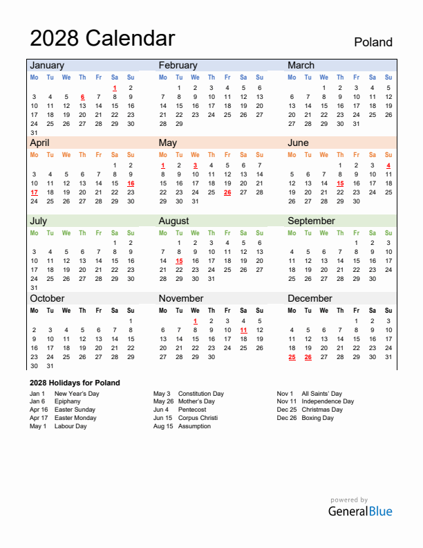 Calendar 2028 with Poland Holidays