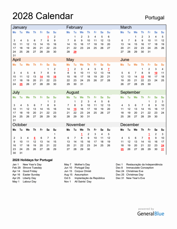 Calendar 2028 with Portugal Holidays