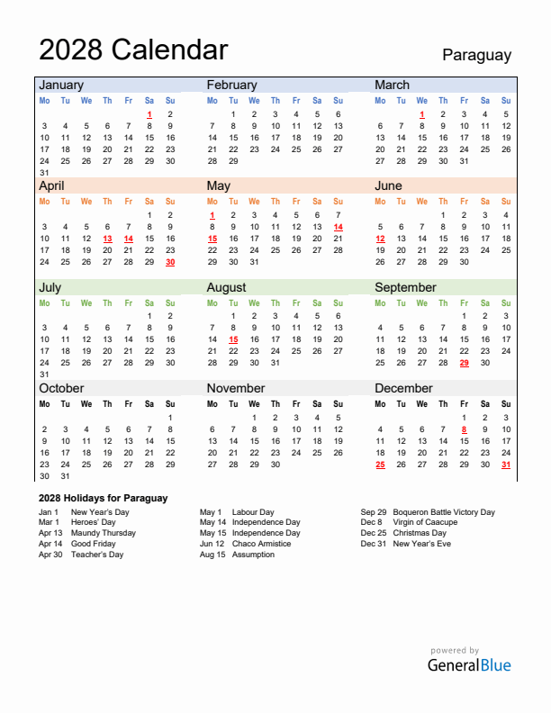 Calendar 2028 with Paraguay Holidays