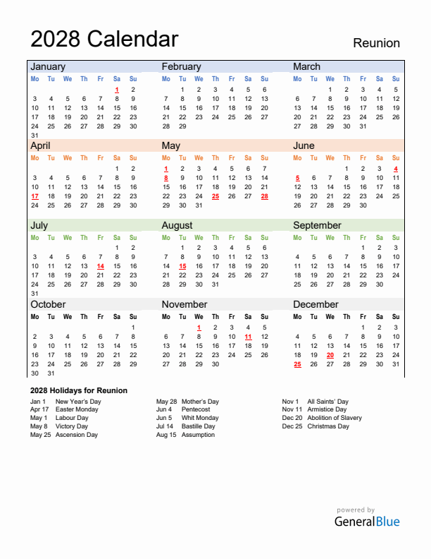 Calendar 2028 with Reunion Holidays