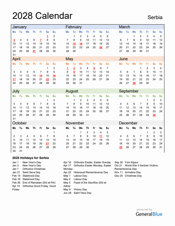 Calendar 2028 with Serbia Holidays