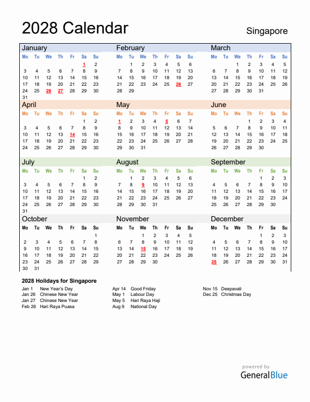 Calendar 2028 with Singapore Holidays