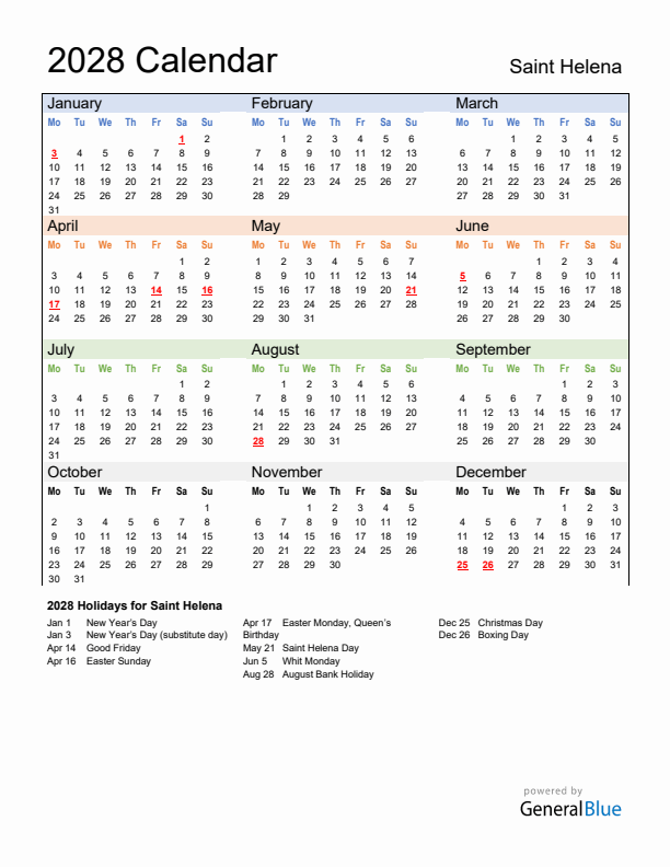 Calendar 2028 with Saint Helena Holidays