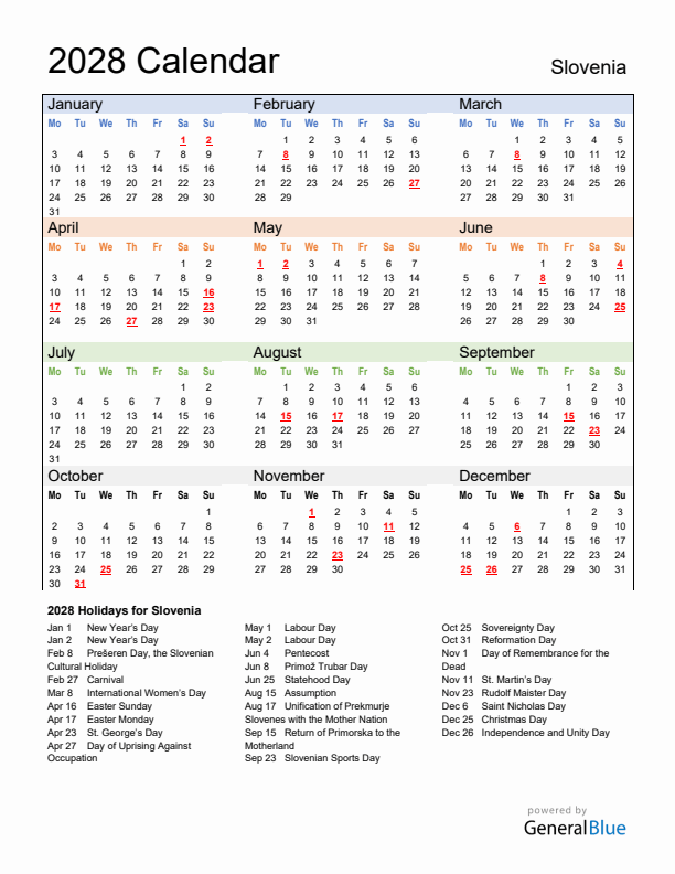 Calendar 2028 with Slovenia Holidays