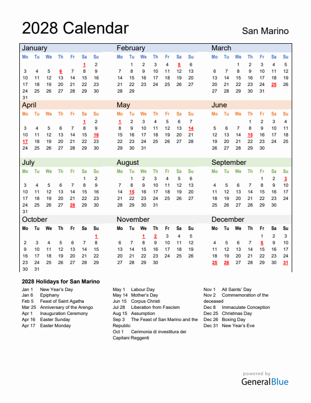 Calendar 2028 with San Marino Holidays