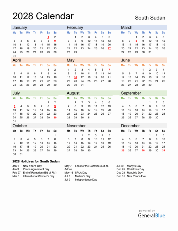 Calendar 2028 with South Sudan Holidays