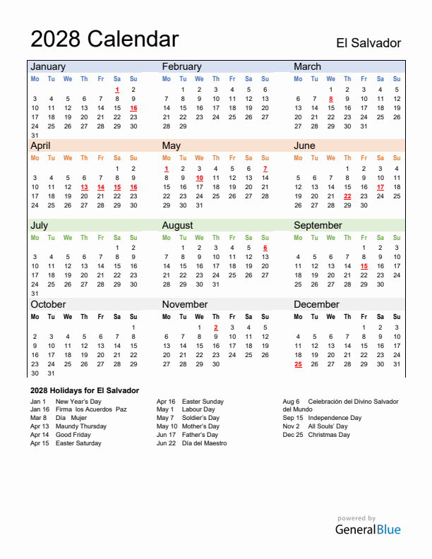 Calendar 2028 with El Salvador Holidays