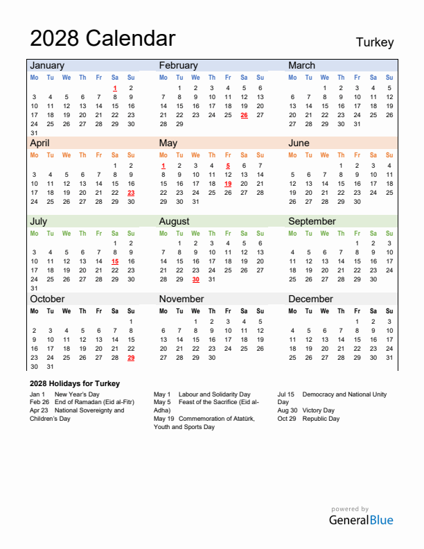 Calendar 2028 with Turkey Holidays